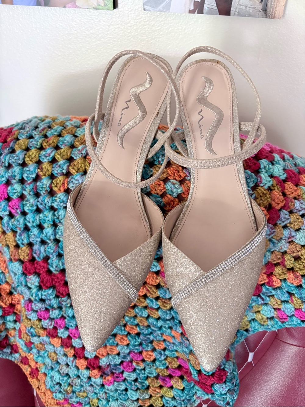 Nina Champagne Glitter Pointed Toe Slingback Heels with Rhinestone Trim